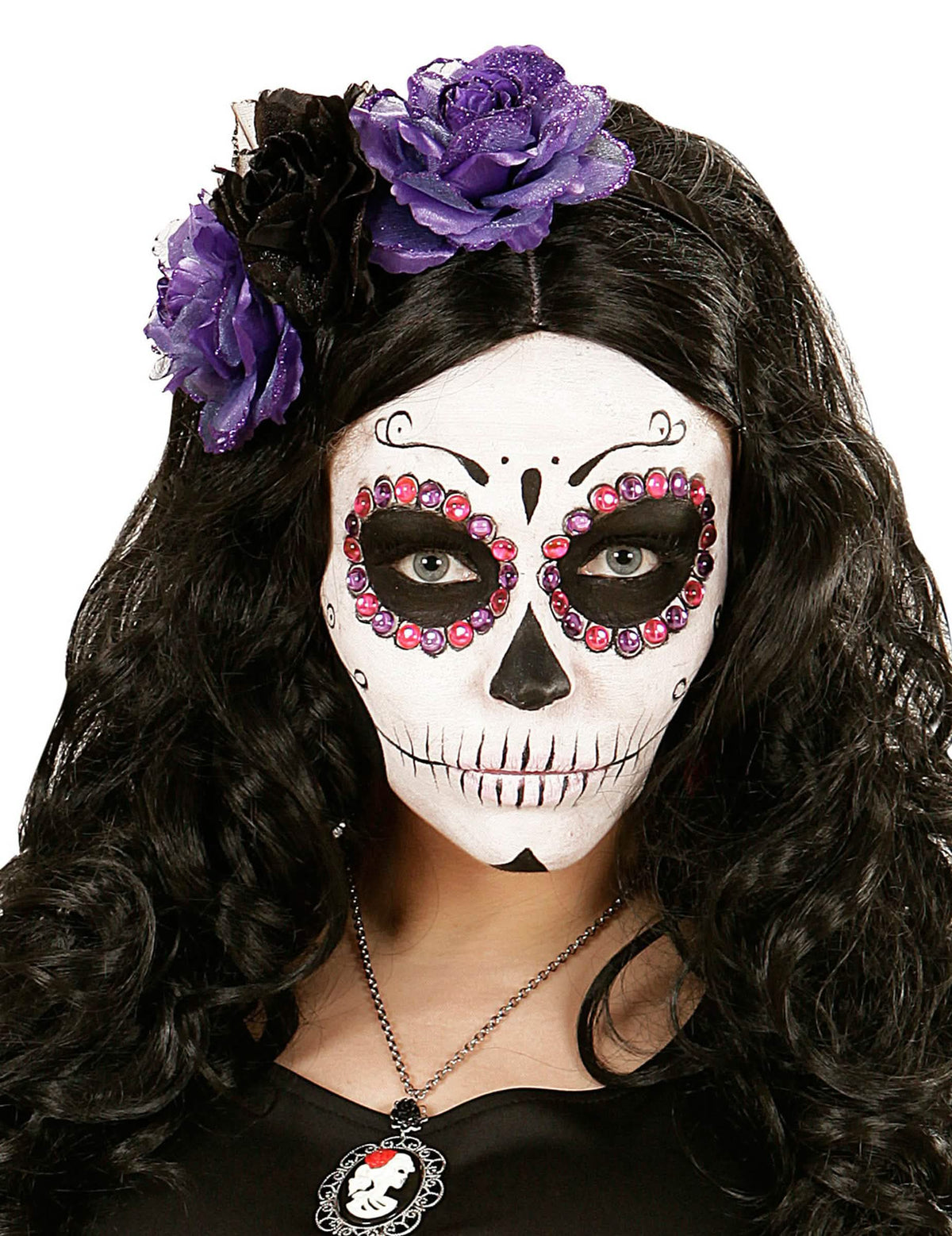 Haarband met bloemen Dia de los muertos voor dames paars en zwart