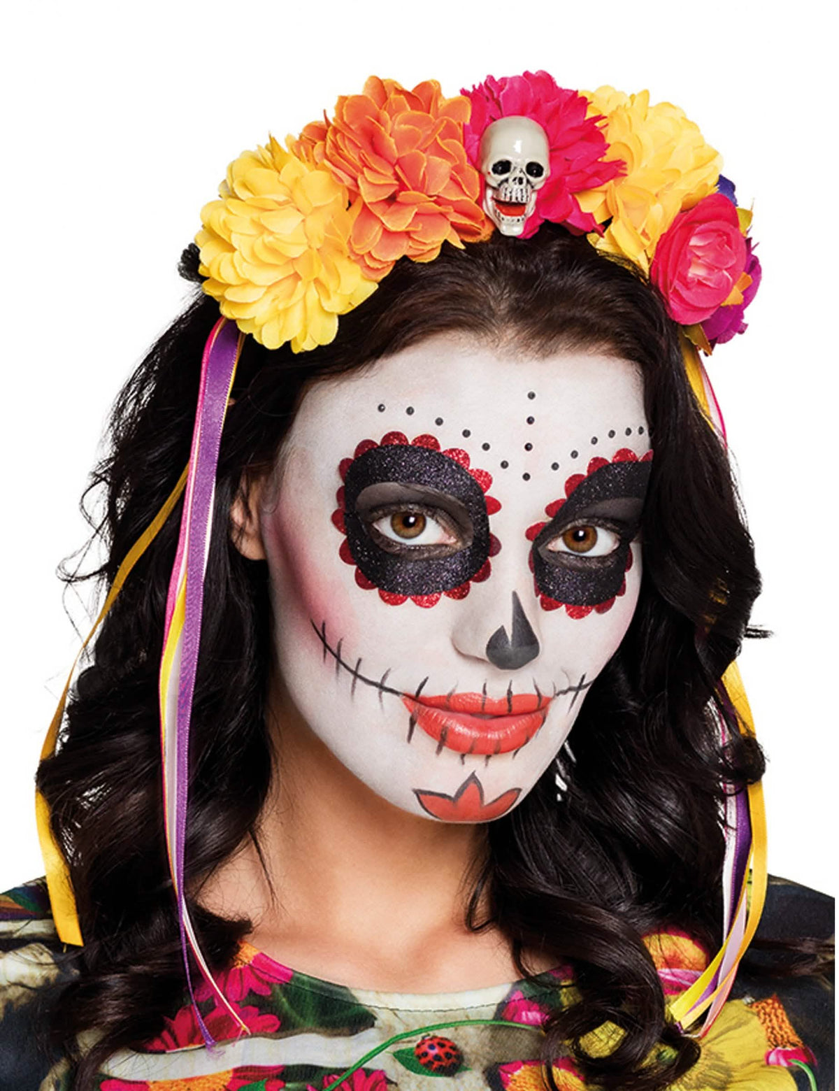 Haarband met grote bloemen Dia de los muertos voor volwassenen multicolor met schedel