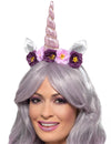Serre-tête licorne pour adulte violet avec corne rose et fleurs