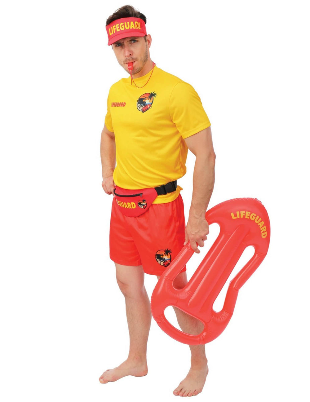 Set accessoires sauveteur pour adulte jaune et rouge avec sifflet sacoche et bouée gonflable