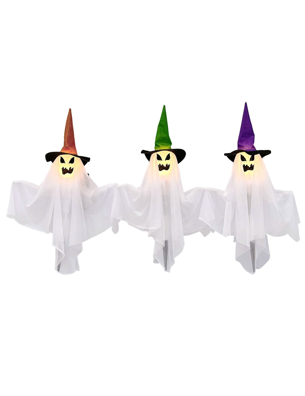 Set de 3 fantômes lumineux avec piquets pour décoration blancs avec chapeaux orange vert et violet