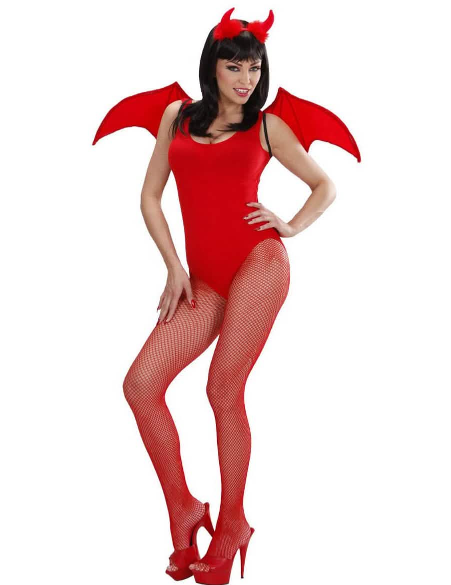 Set rode halloween duivel voor dames met vleugels en horens