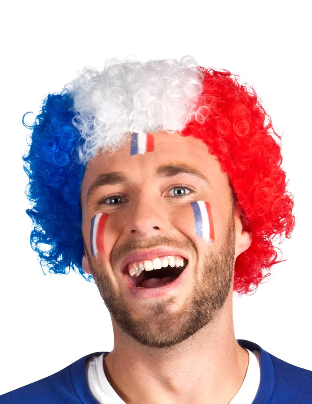 Close-up van de driekleurige krulpruik van de supporter Frankrijk-set