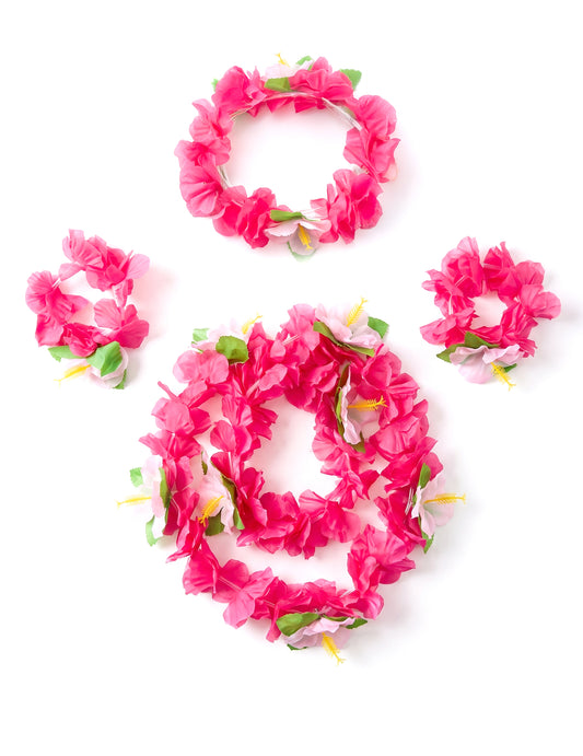 Roze bloemen Hawaii set voor volwassenen
