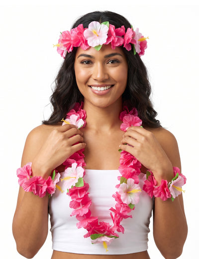 Roze bloemen Hawaii set voor volwassenen