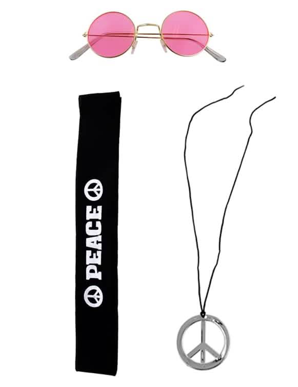 Set d'accessoires hippie pour adulte avec lunettes roses, bandeau noir et collier argenté