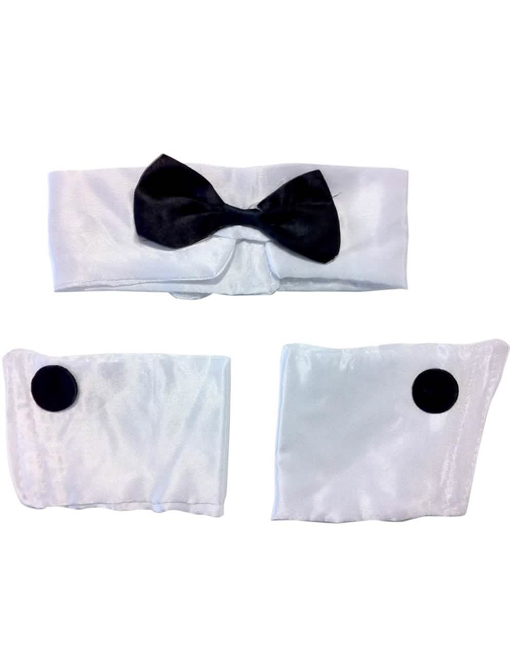 Set striptease voor heren wit en zwart met vlinderstrik en manchetten
