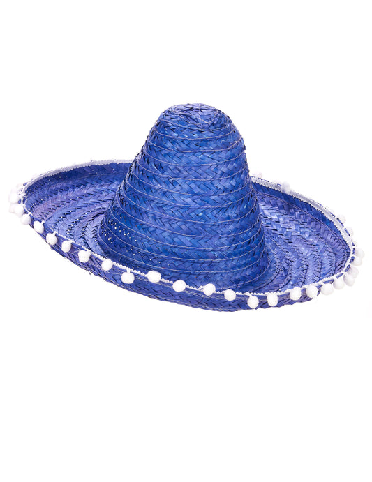 Sombrero bleu à bordure pompons adulte