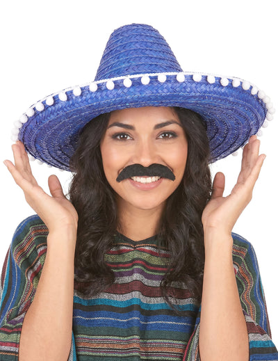 Sombrero bleu à bordure pompons adulte