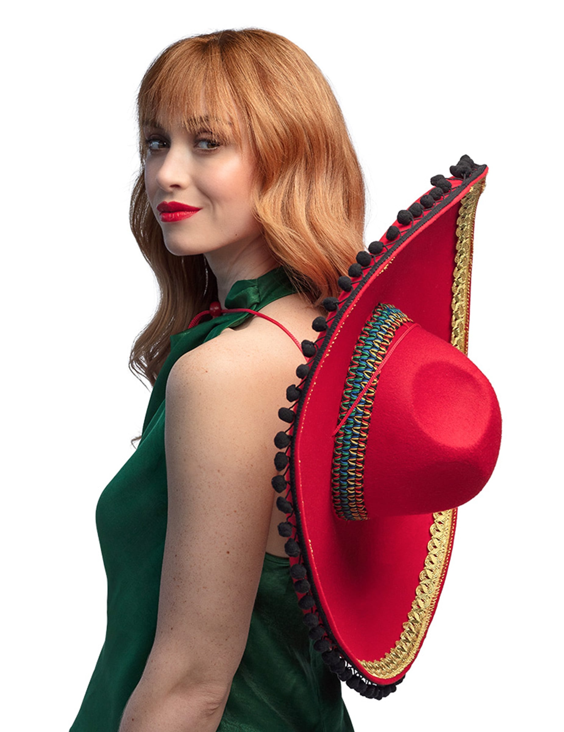 Sombrero mexicain pour adulte rouge à pompons deluxe avec liseré doré