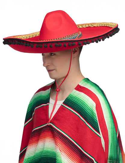 Vue de profil du sombrero mexicain pour adulte rouge à pompons deluxe