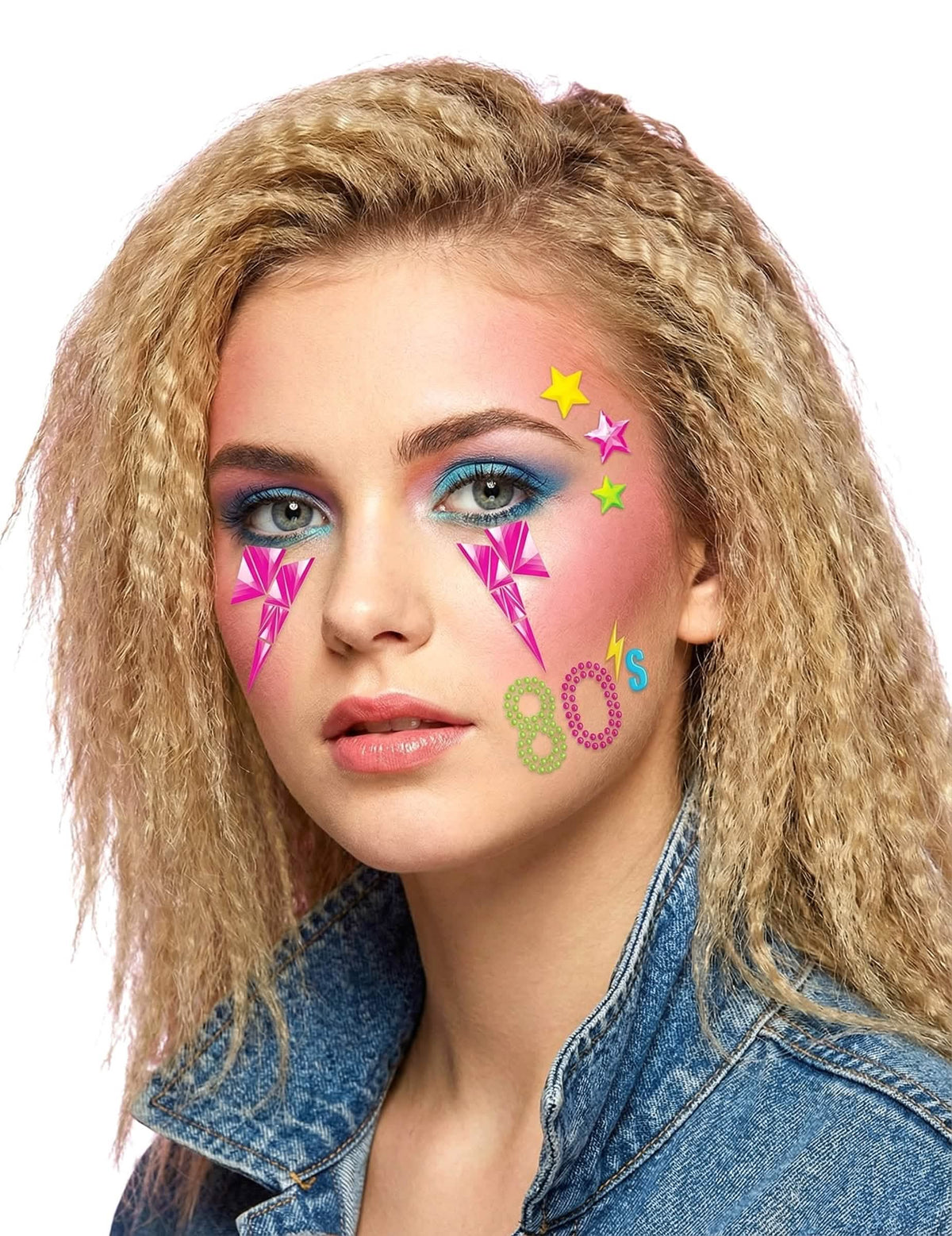 Strass adhésifs années 80 pour adulte multicolores avec motifs éclairs et étoiles fluo