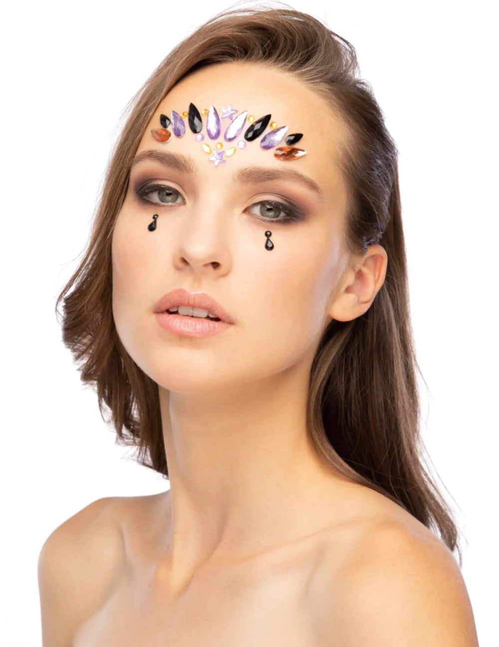 Strass adhésifs pour visage reine maléfique pour femme violet noir et ambre