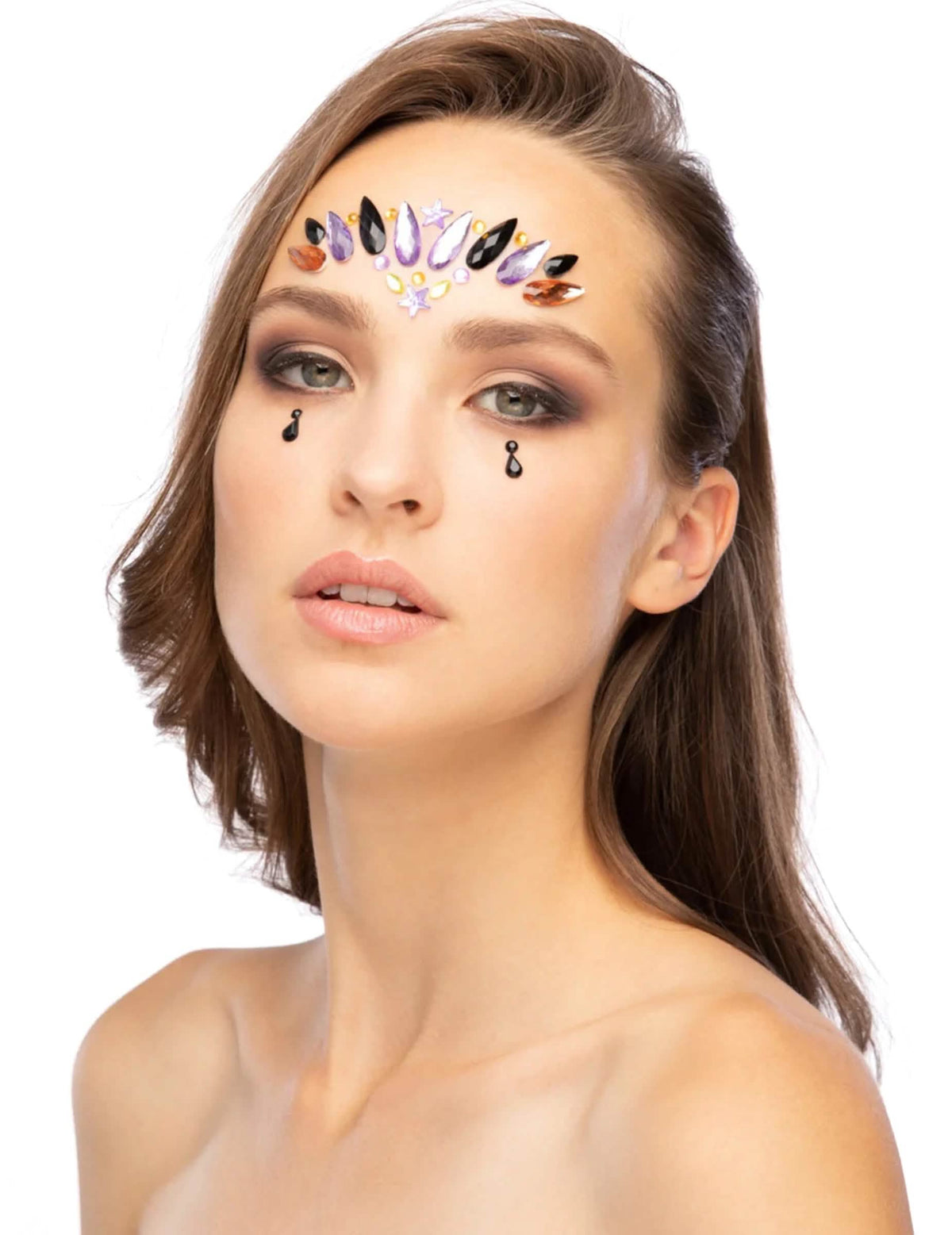 Strass adhésifs pour visage reine maléfique pour femme violet noir et ambre