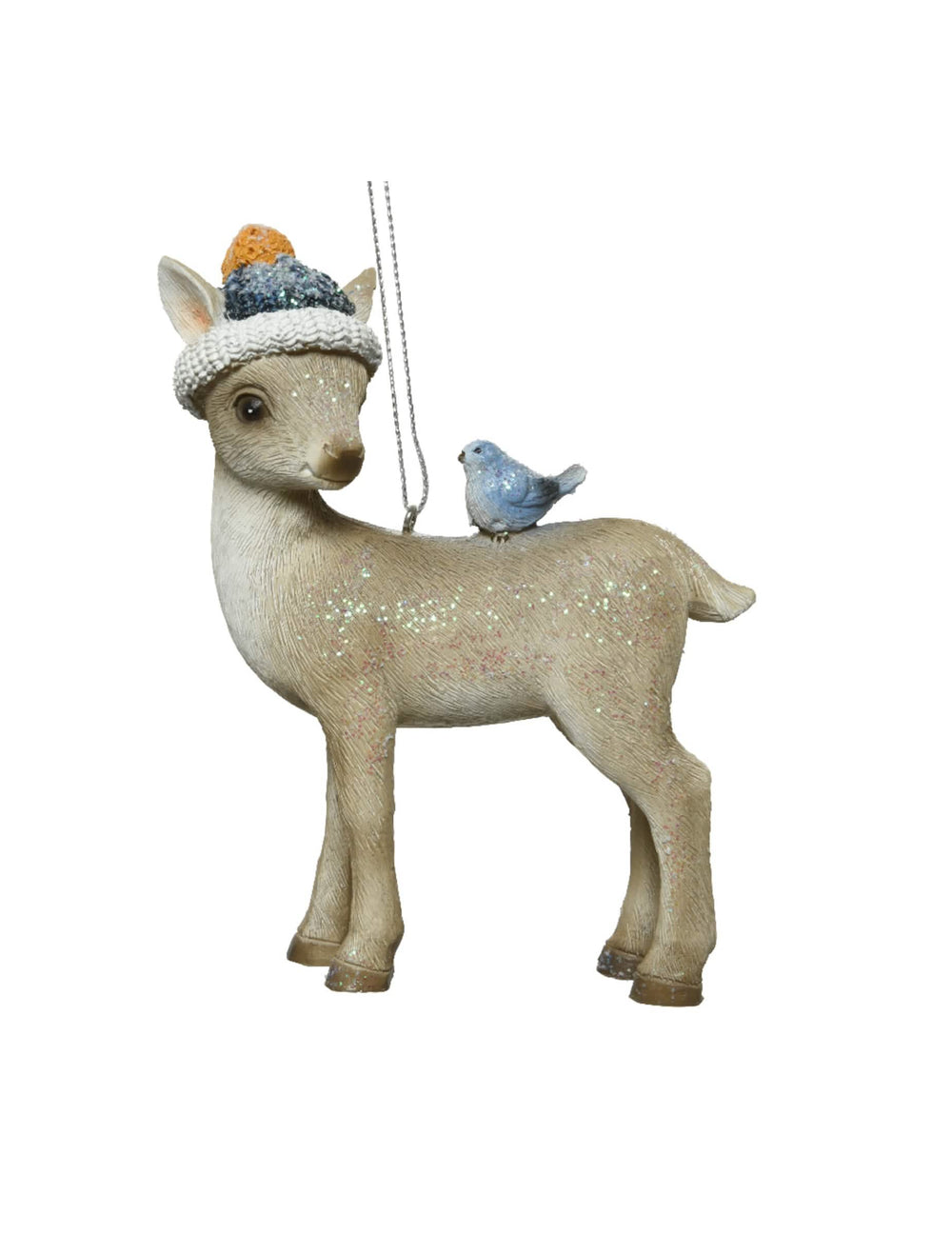Suspension faon paillettes et oiseau pour sapin beige avec bonnet bleu et orange