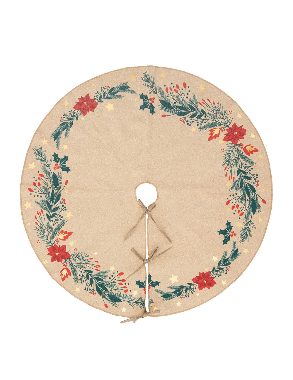 Tapis pour sapin poinsettia beige en polyester avec imprimés de houx et d'étoiles