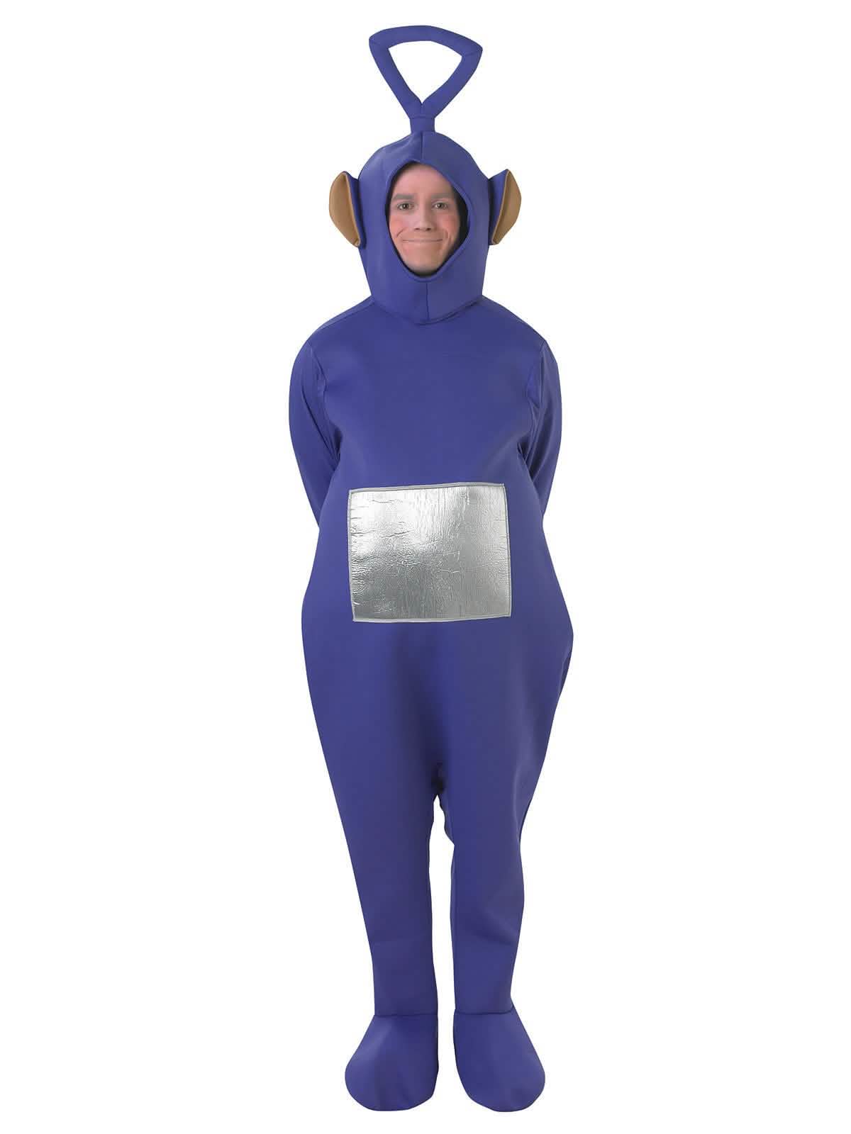 Vue de face avec bras ouverts du déguisement Teletubbies Tinky Winky pour adulte