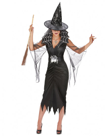 Pack déguisement sorcière araignée femme avec balai et chapeau Halloween