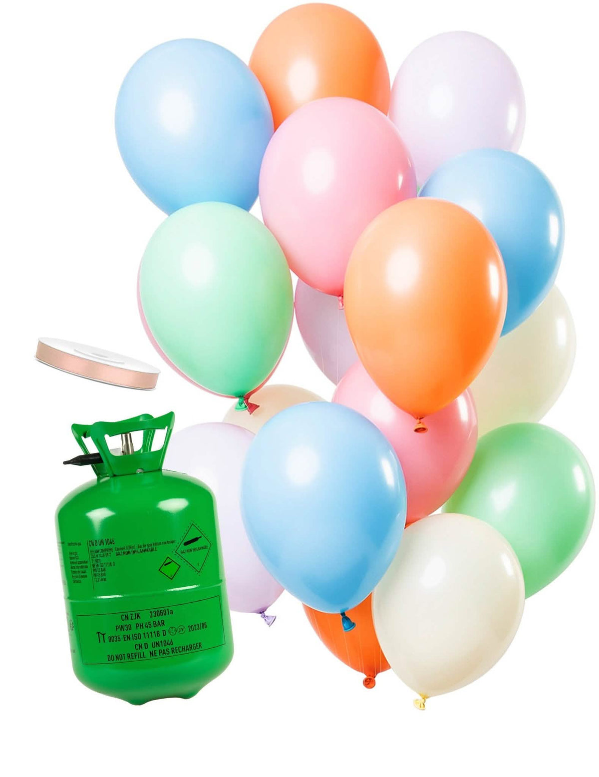 Kit bouteille d'hélium avec 15 ballons pastel avec ruban satin