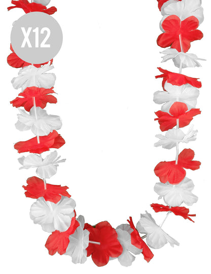Lot de 12 Colliers Hawaï rouge blanc adulte