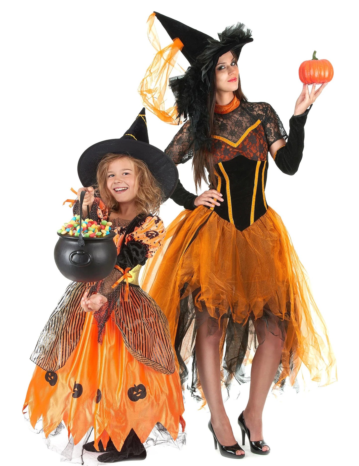 Oranje heks moeder en dochter Halloween koppelkostuum