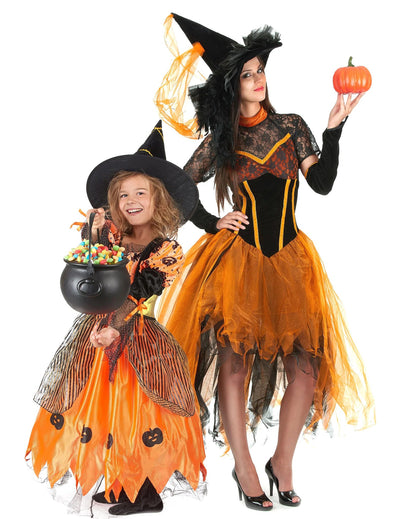 Déguisement de couple sorcière orange mère et fille Halloween
