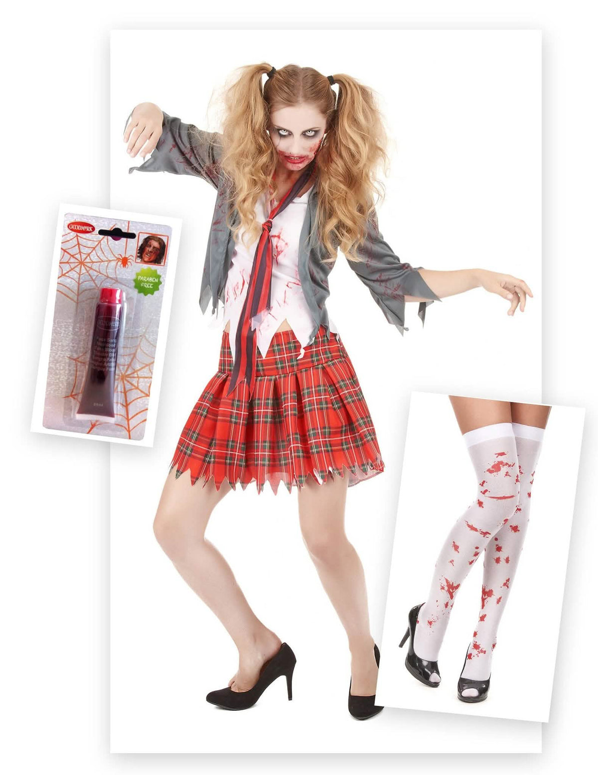 Zombie schoolmeisje pack met nepbloed en kousen voor vrouwen