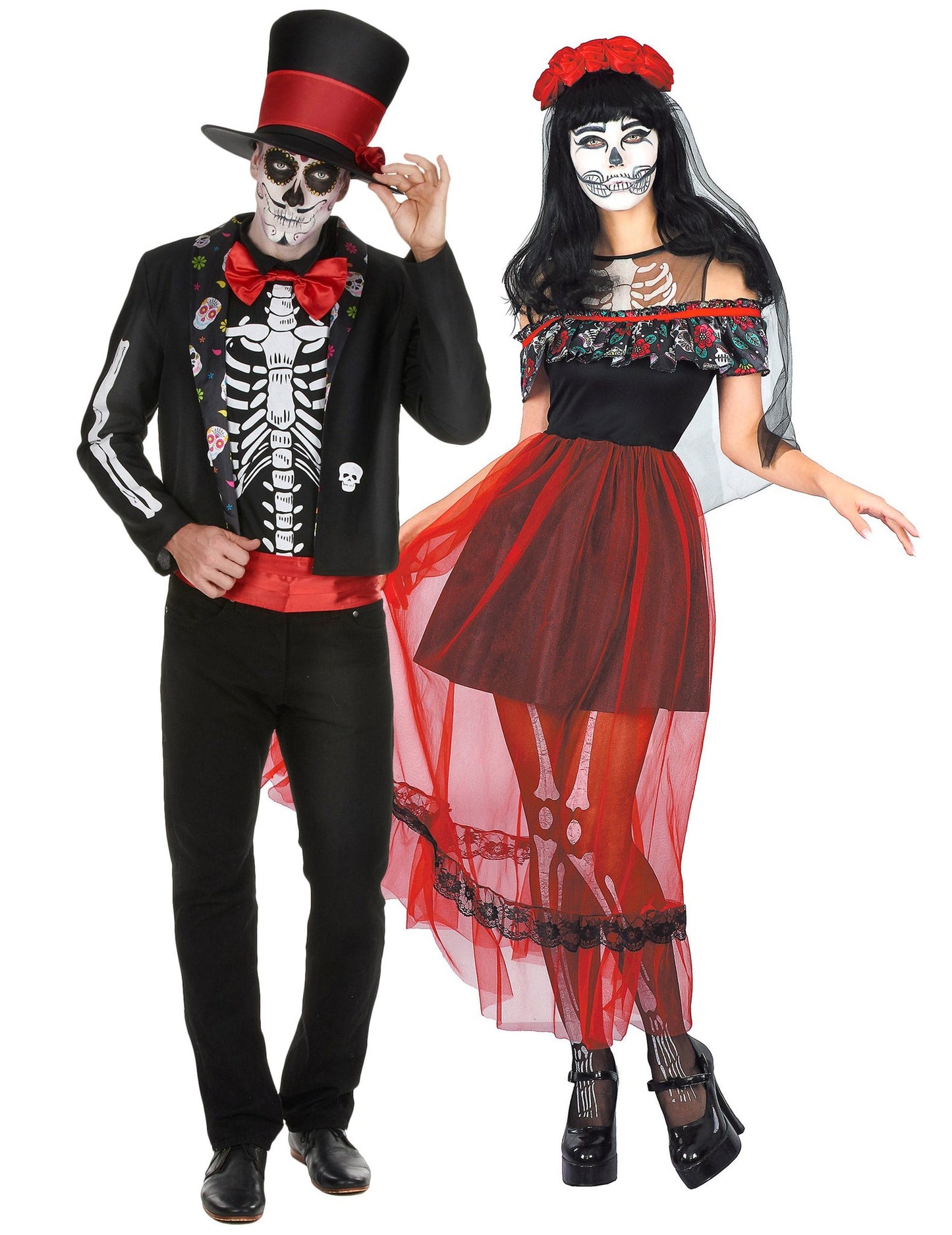 Volwassen Dia de los Muertos Halloween skeletpaarkostuum