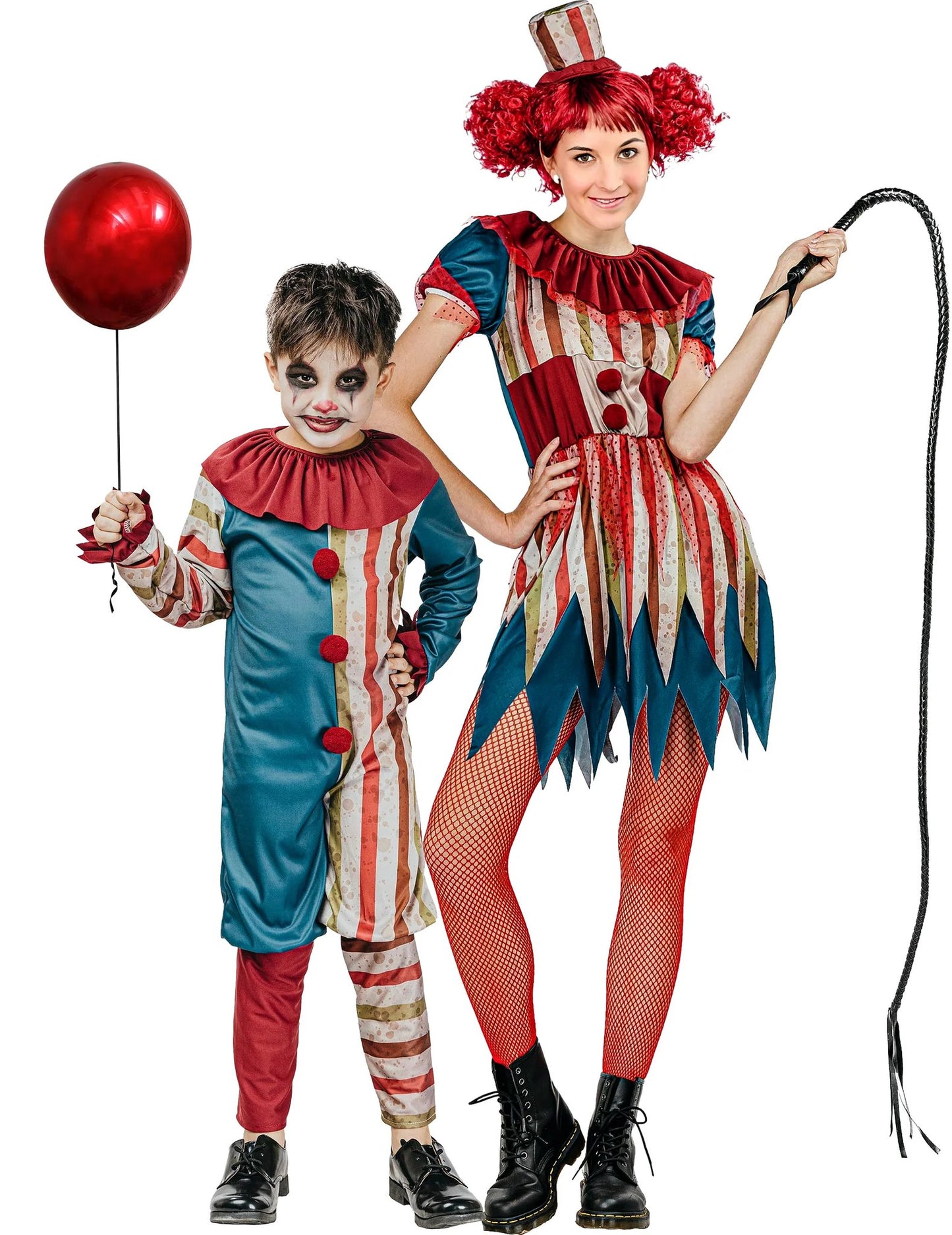 Kleurrijk clownspaarkostuum moeder en zoon Halloween