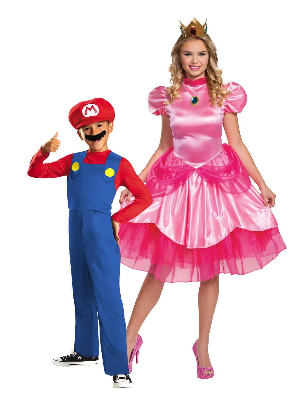Peach™ en Mario™ kostuum volwassene en kind