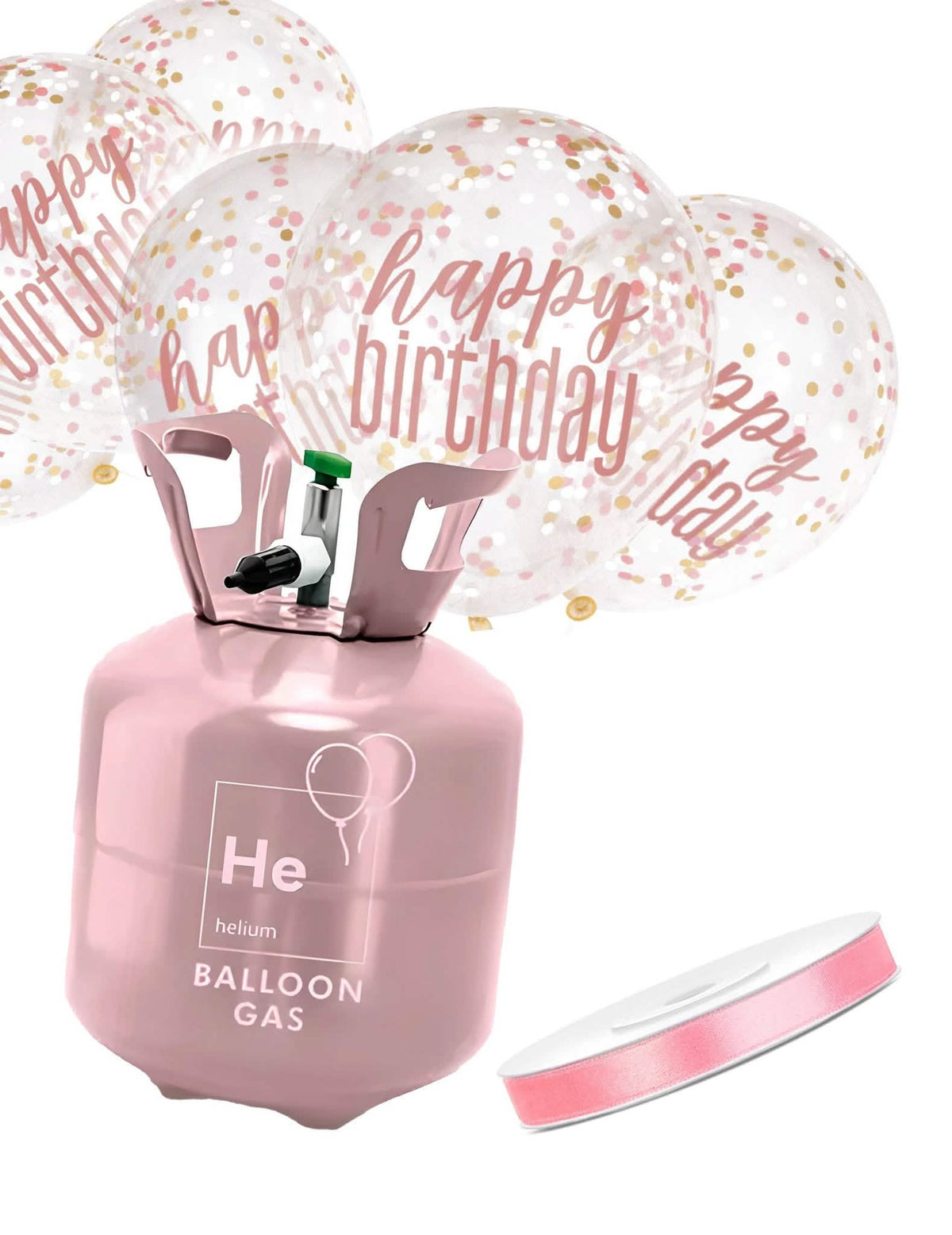 Kit bouteille d'hélium avec 6 ballons confettis Happy Birthday et ruban