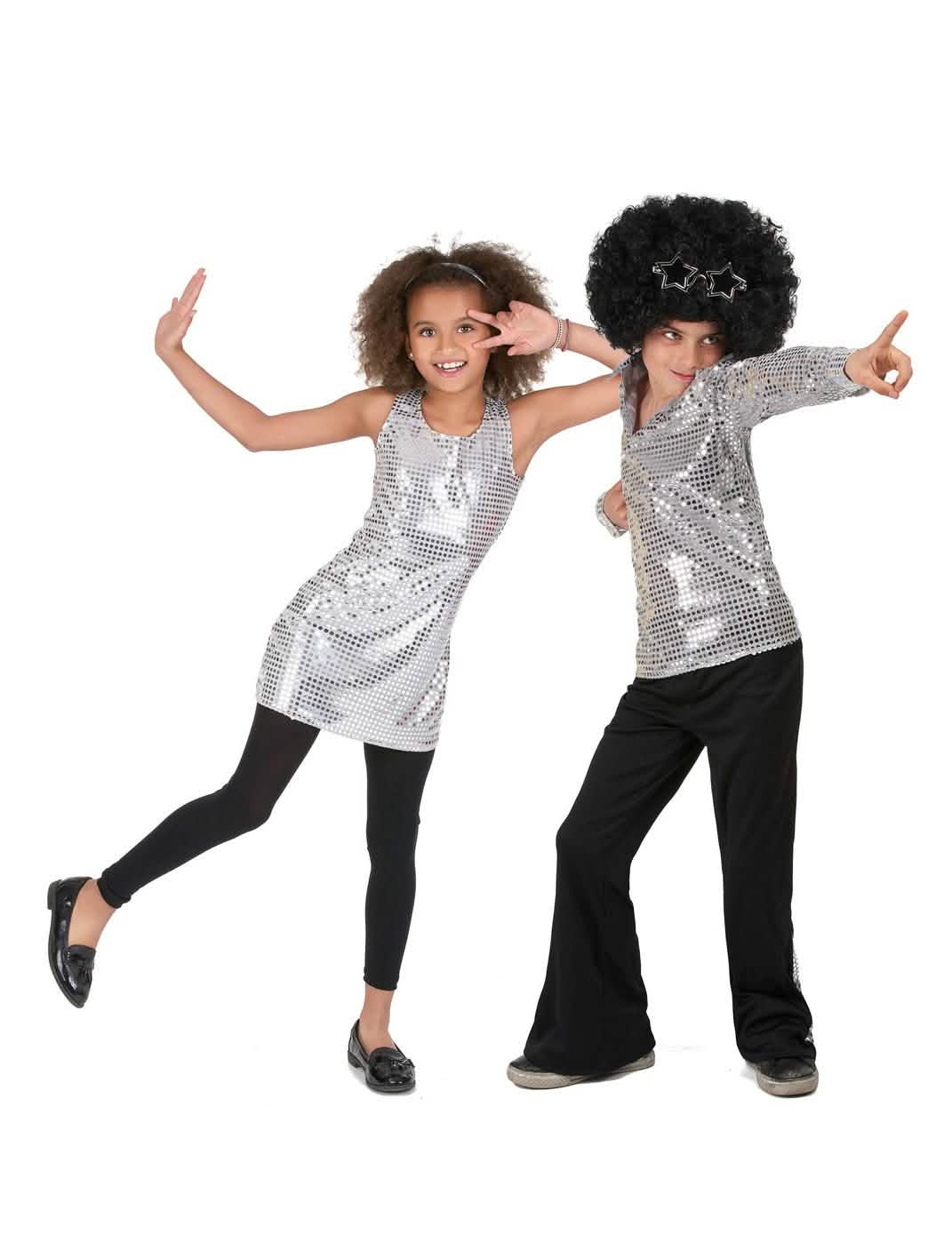 Schitterend zilverkleurig disco koppelkostuum voor kinderen