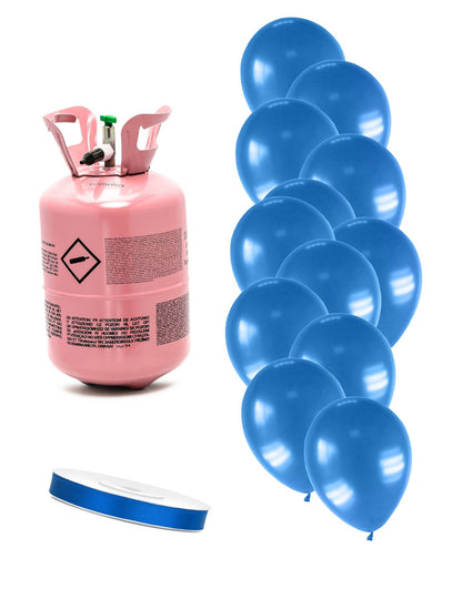 Kit bouteille d'hélium avec 12 ballons bleu foncés métallisés et un ruban
