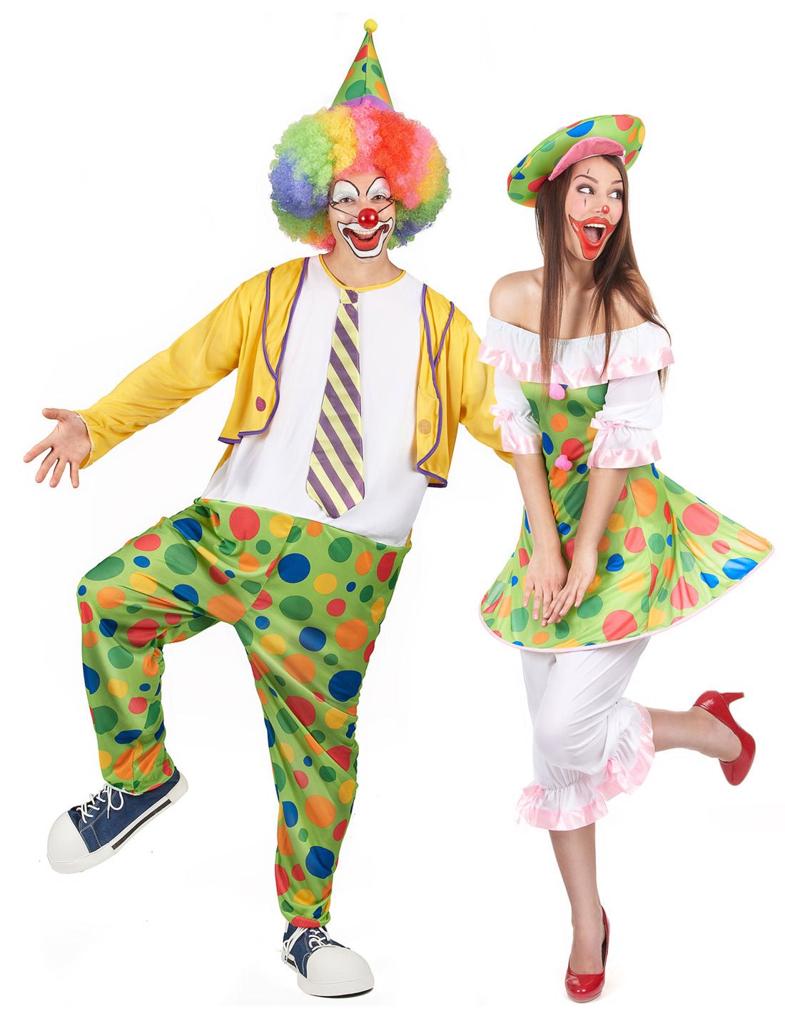 Clown koppelkostuum met stippen voor volwassenen