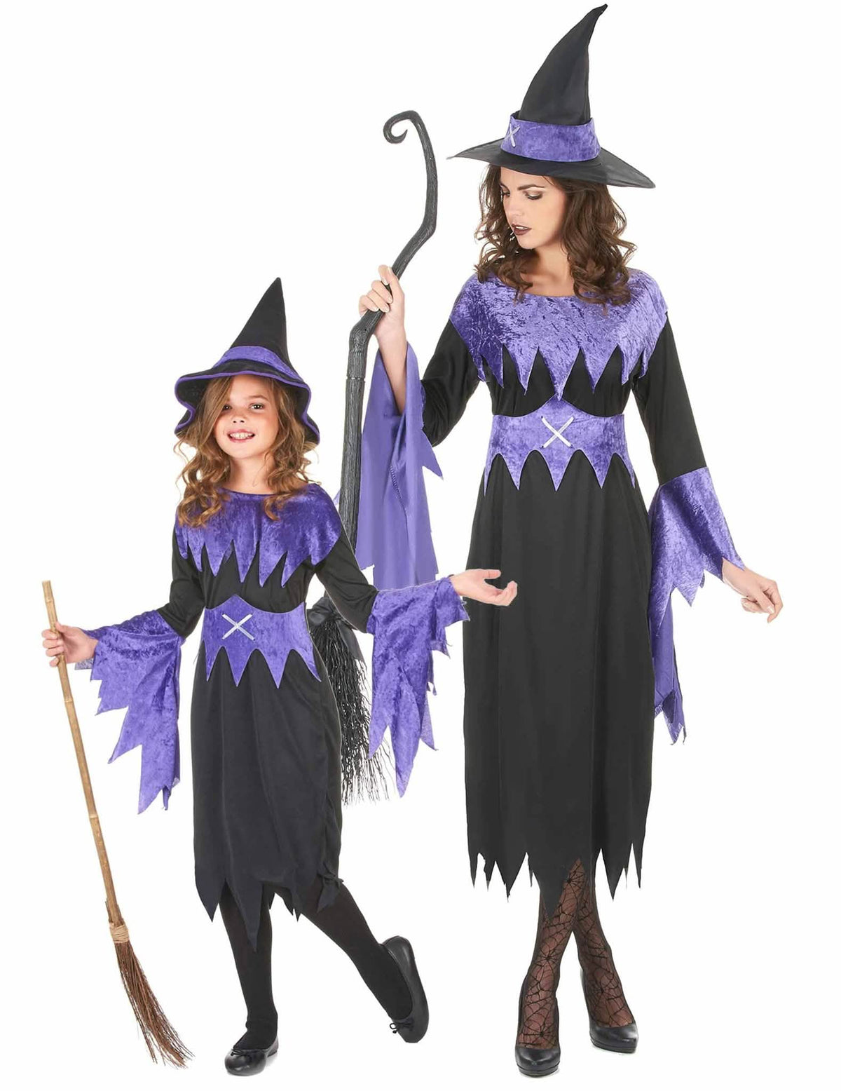 Koppel Halloweenheksenkostuum moeder-dochter in het paars