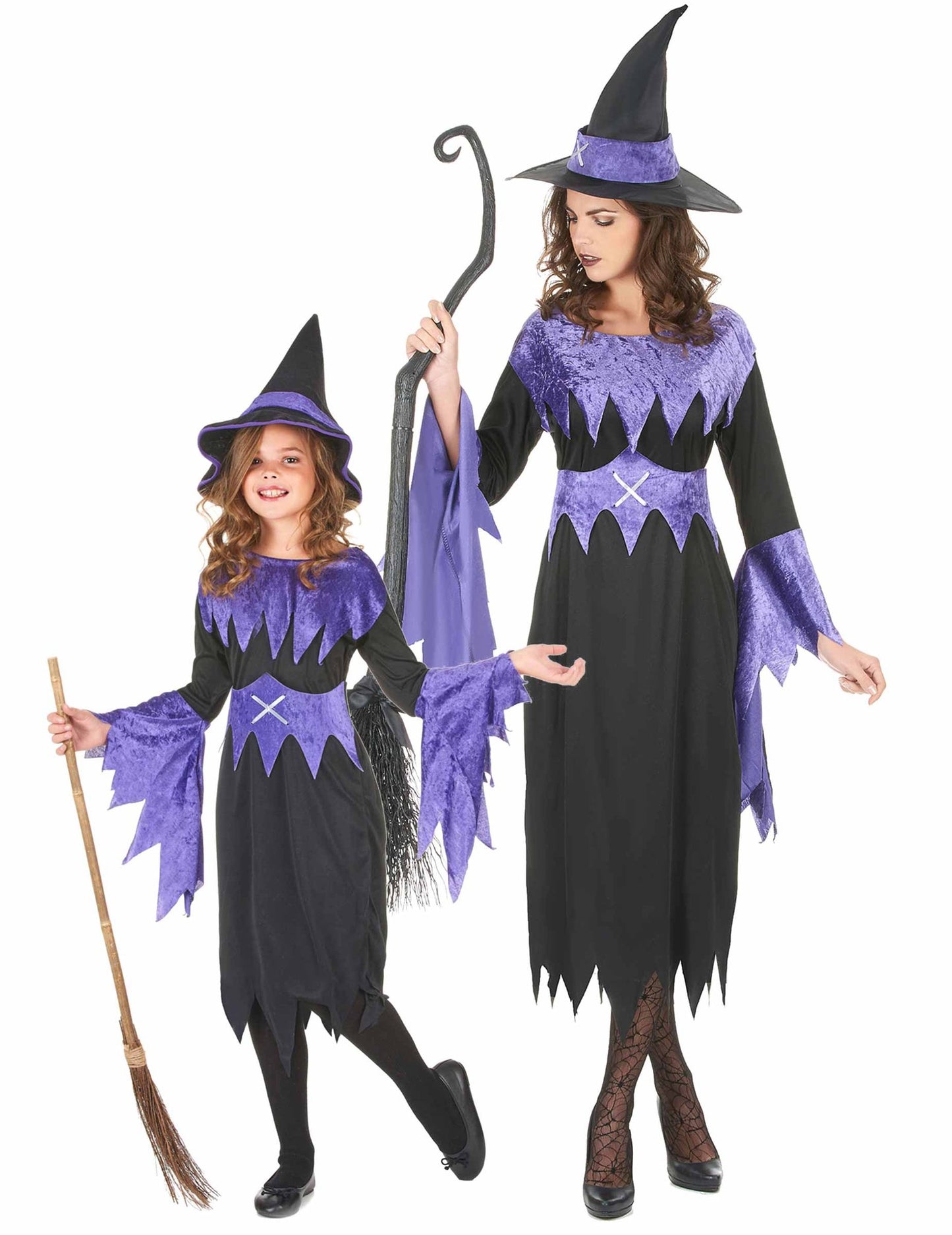 Koppel Halloweenheksenkostuum moeder-dochter in het paars