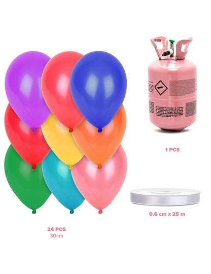 Kit bouteille d'hélium avec 24 ballons multicolores et ruban