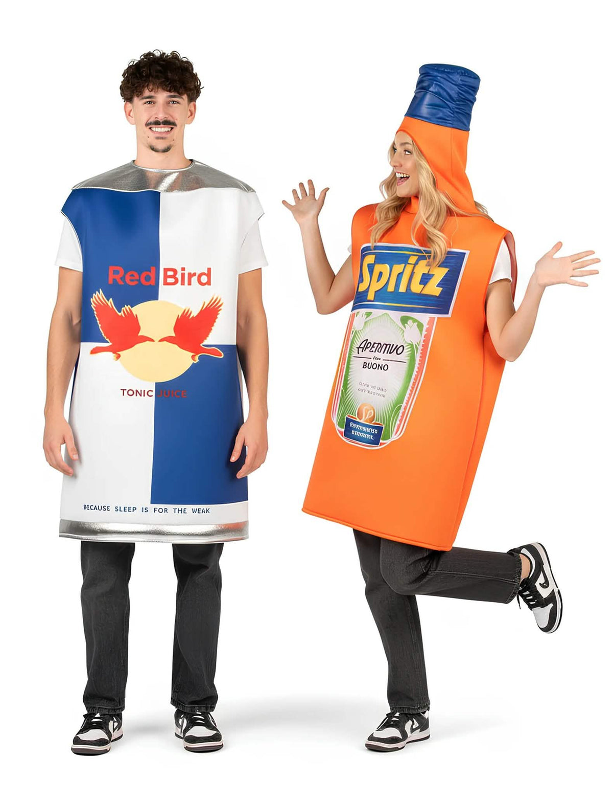 Koppelverkleedpak energiedrankje en oranje aperitief fles volwassenen