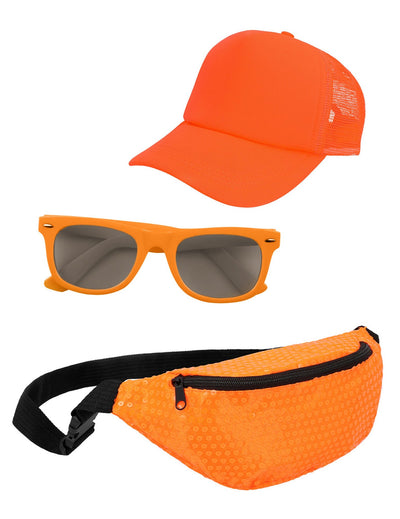 Kit accessoires casquette banane et lunettes orange fluo adulte