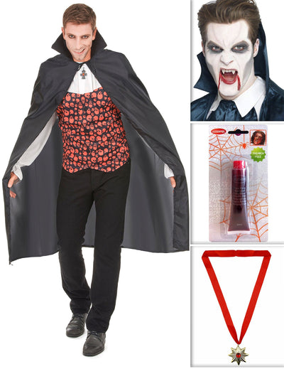 Pack de vampire avec cape, dents, faux sang et médaillon Halloween