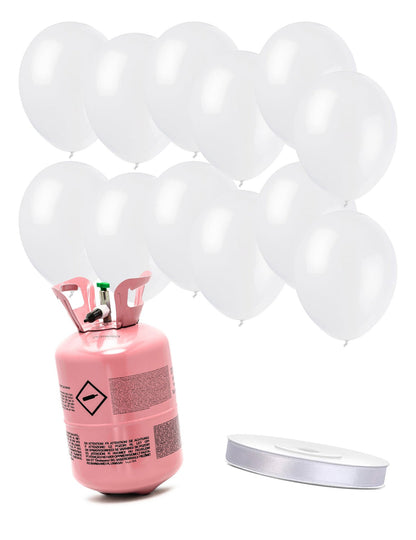 Kit Bouteille d'hélium avec 12 ballons blancs et ruban