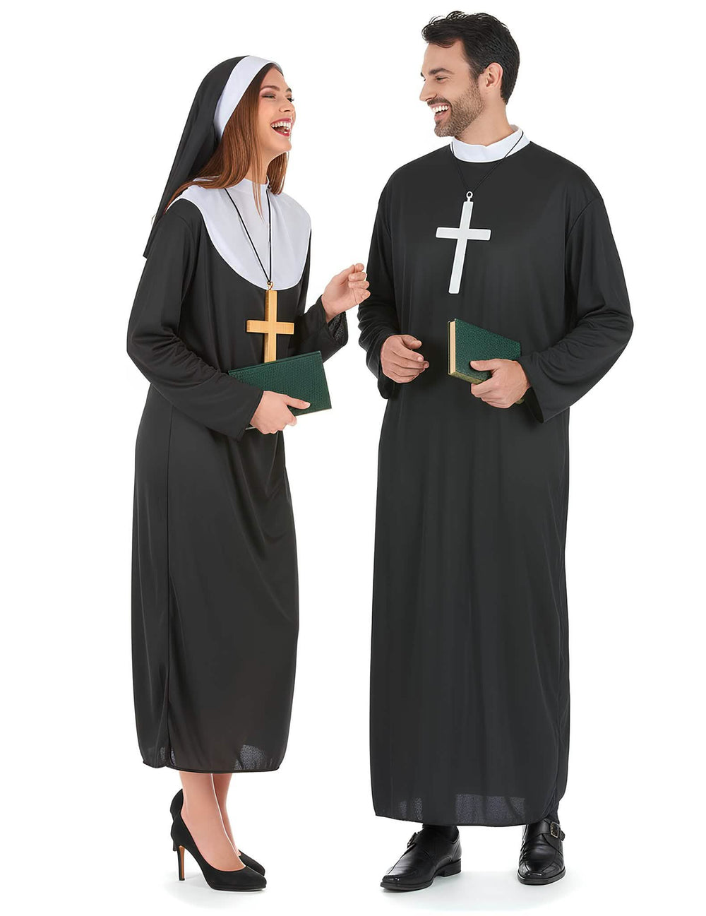 Déguisement de couple de religieux pour adulte noir et blanc avec croix