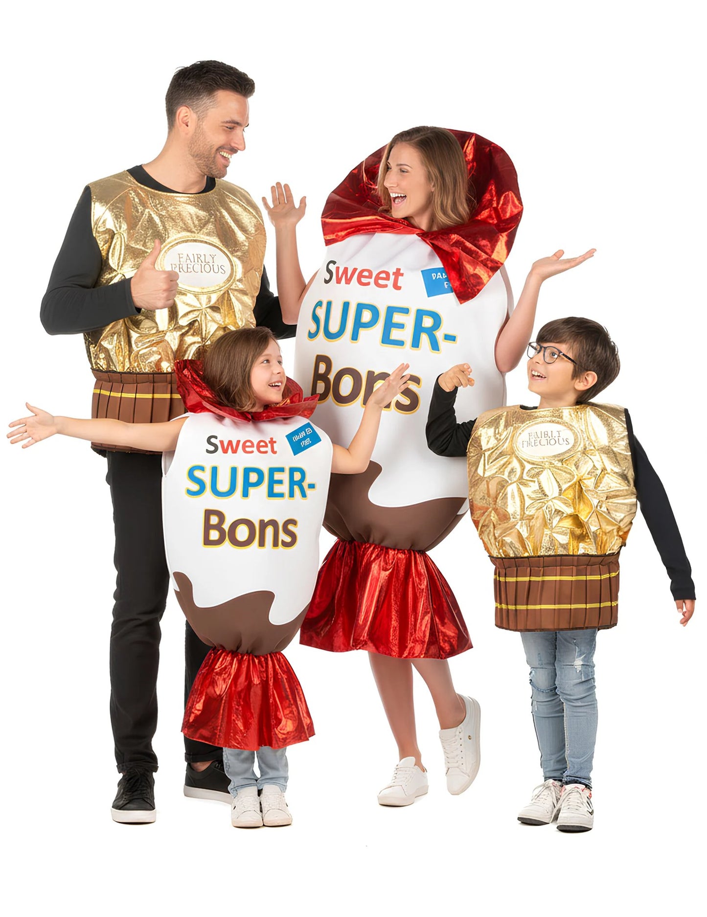 Gouden snoepjes en superbons kostuum voor het hele gezin
