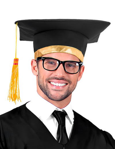 Toque de diplômé pour adulte noire et dorée avec pompon