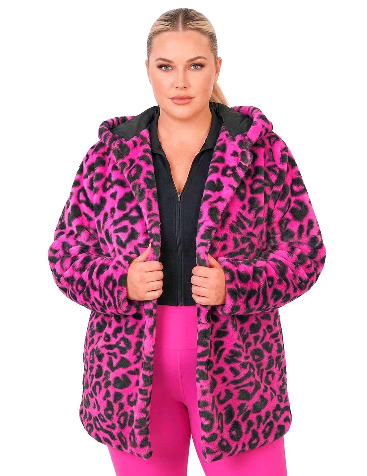 Roze luipaardvest met capuchon voor volwassenen