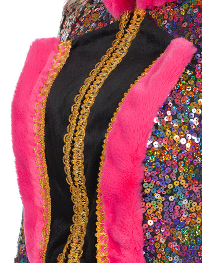 Détail des finitions dorées et de la fourrure du buste de la veste à sequins de luxe