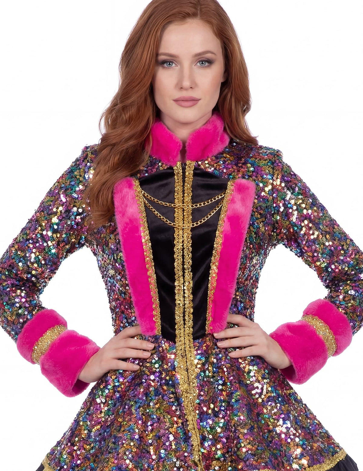 Détail du buste et du col de la veste à sequins de luxe pour femme