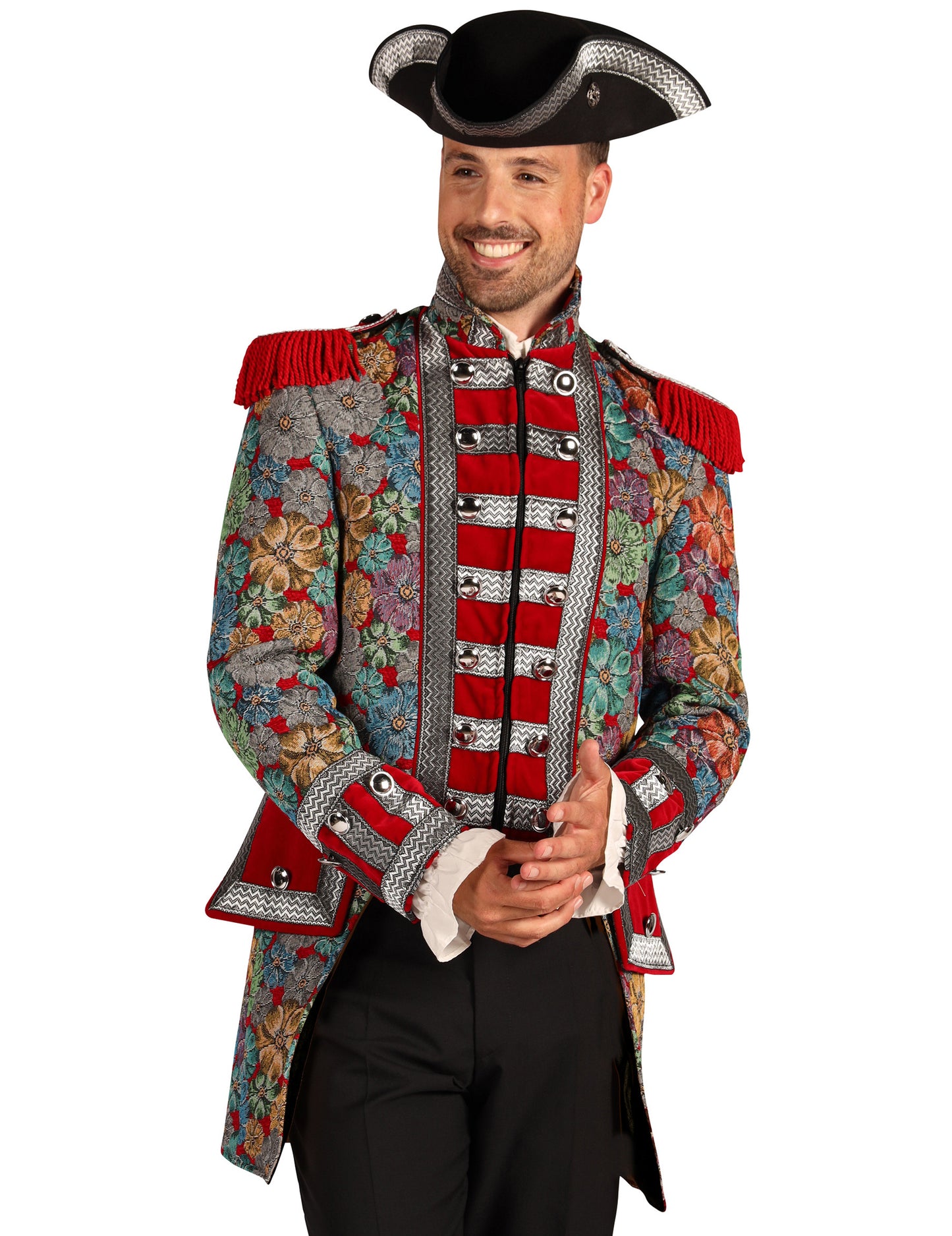 Détail du chapeau et des épaulettes de la veste de carnaval homme motif floral haut de gamme