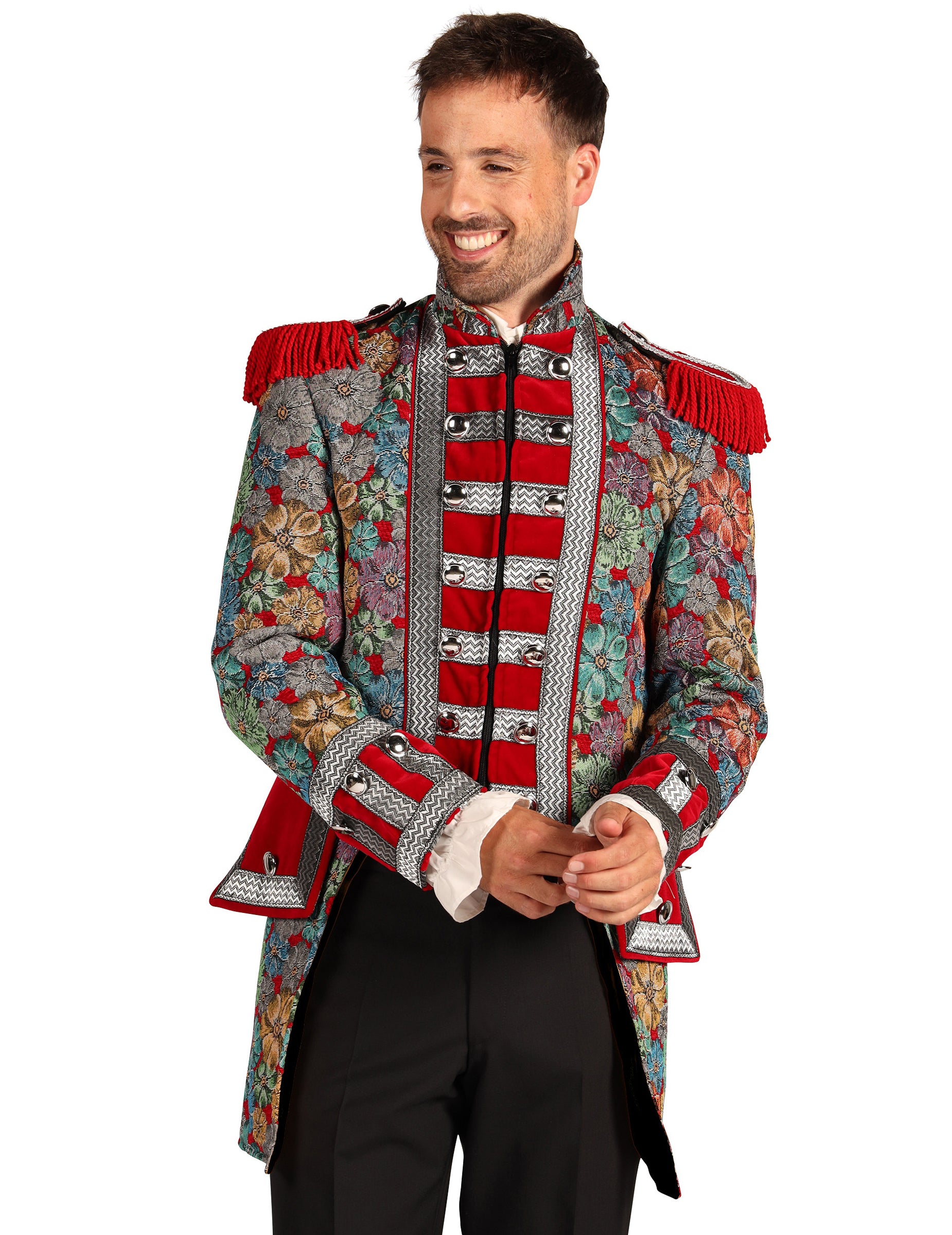 Gros plan sur le buste de la veste de carnaval motif floral haut de gamme
