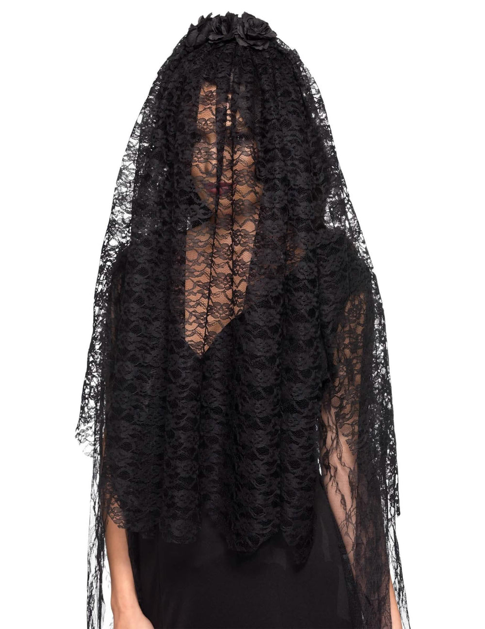 Voile long veuve noire pour adulte noir en dentelle fleurie